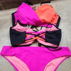 3 Piece NWOT PINK Victoria's Secret Strappy Bikini Fuschia & Orange Large/Medium